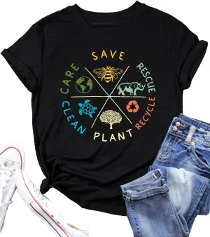 PECHAR Earth Day Shirts for Women : Protect The Environment T-Shirts Bees Graphic Short Sleeve Blouse Tops