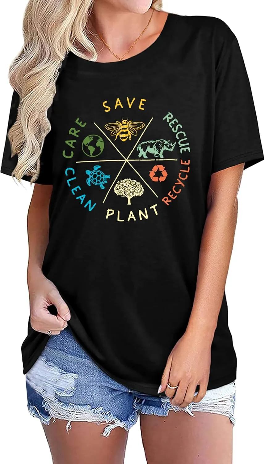 PECHAR Earth Day Shirts for Women : Protect The Environment T-Shirts Bees Graphic Short Sleeve Blouse Tops