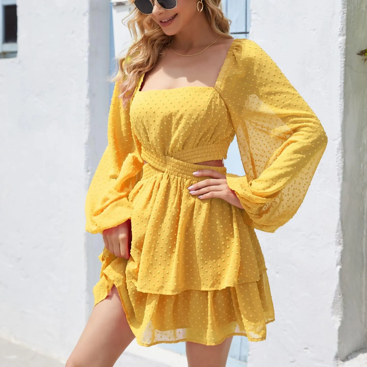 Shy Velvet Women's Long Sleeve Summer Dress Square Neck Crossover Waist Casual Party Mini Dress