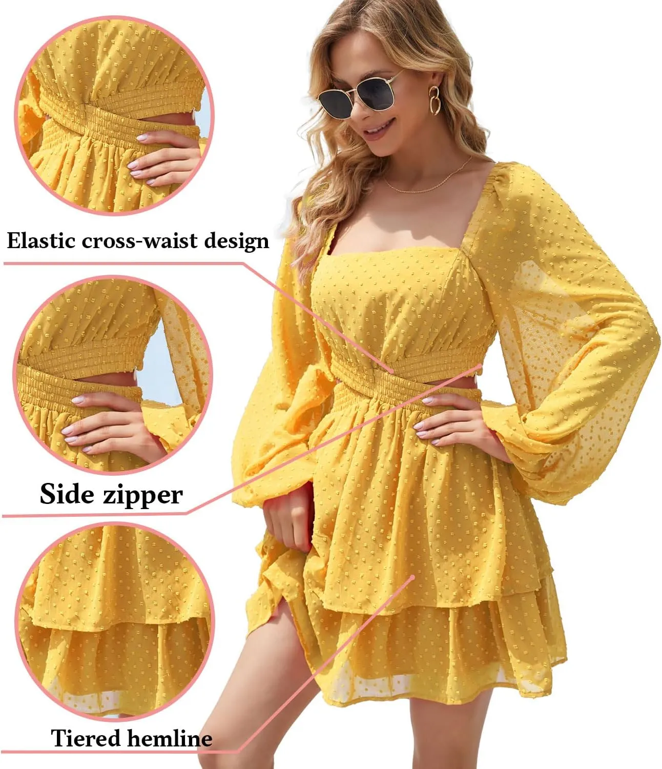 Shy Velvet Women's Long Sleeve Summer Dress Square Neck Crossover Waist Casual Party Mini Dress