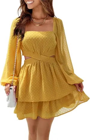 Shy Velvet Women's Long Sleeve Summer Dress Square Neck Crossover Waist Casual Party Mini Dress