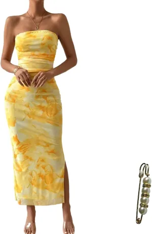 Summer Dresses for Women Strapless Slim Bodycon Dress Side Slit Tube Top Dress Ink Painting Formal Dresses
