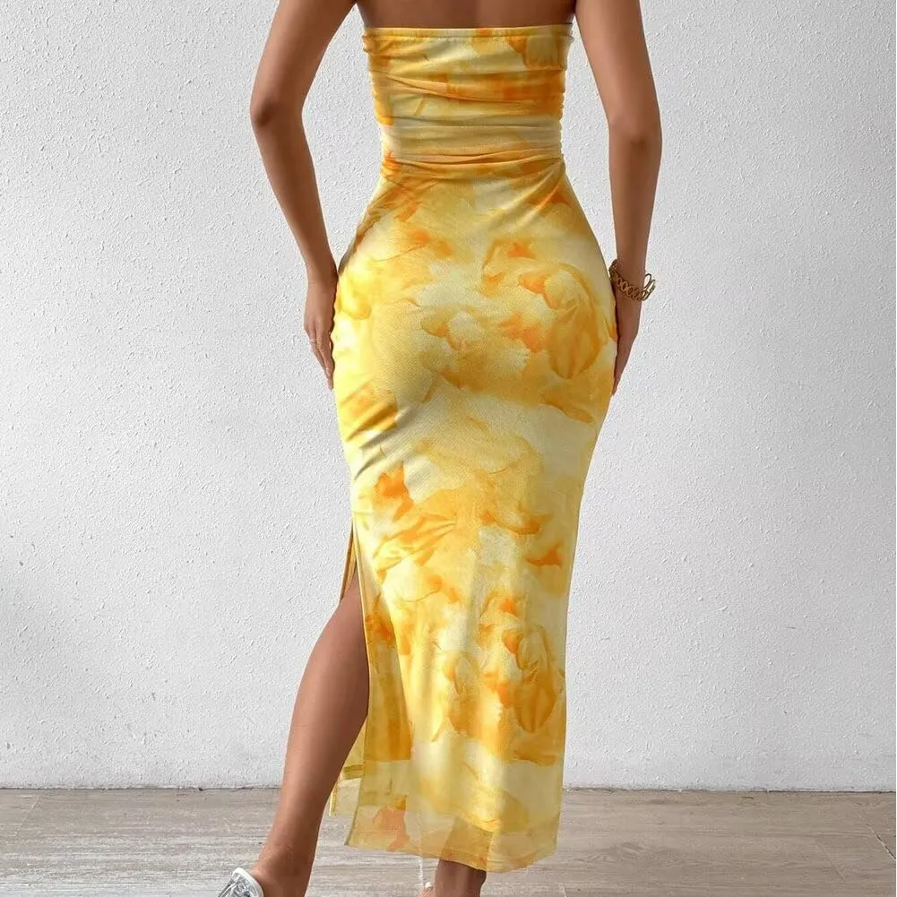 Summer Dresses for Women Strapless Slim Bodycon Dress Side Slit Tube Top Dress Ink Painting Formal Dresses