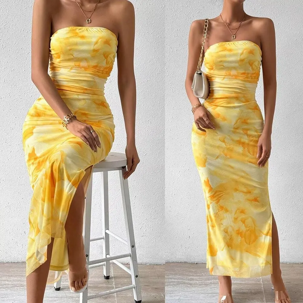Summer Dresses for Women Strapless Slim Bodycon Dress Side Slit Tube Top Dress Ink Painting Formal Dresses