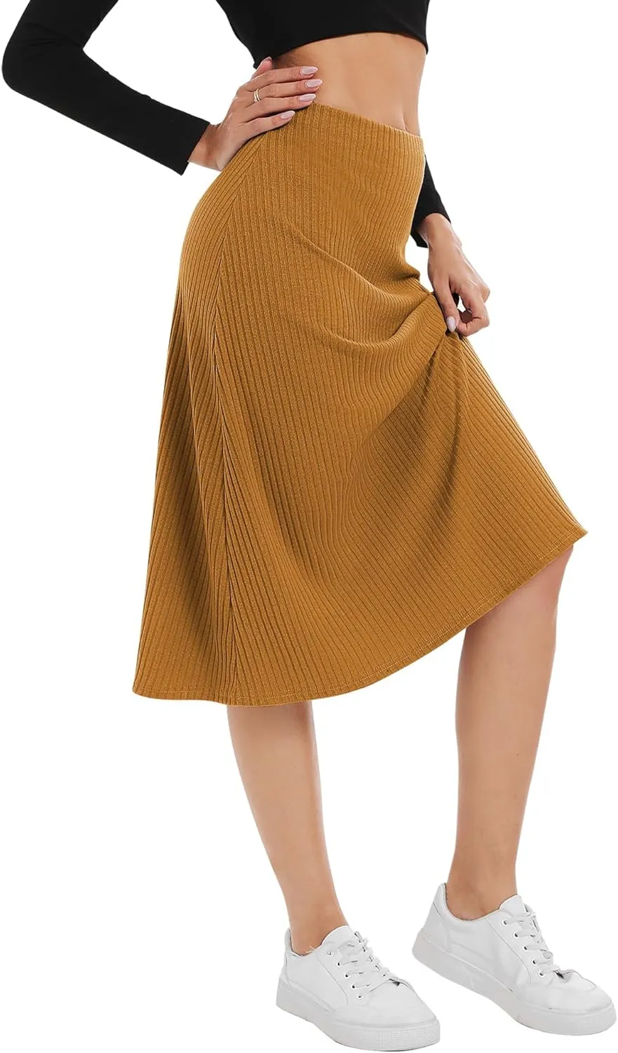 Urban CoCo Women's Elastic High Waist A-Line Flared Solid Ribbed Knit Midi Skirt