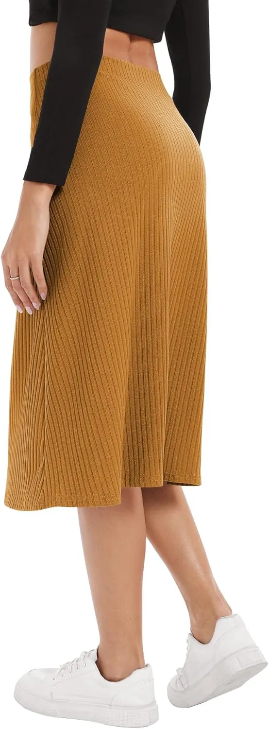 Urban CoCo Women's Elastic High Waist A-Line Flared Solid Ribbed Knit Midi Skirt