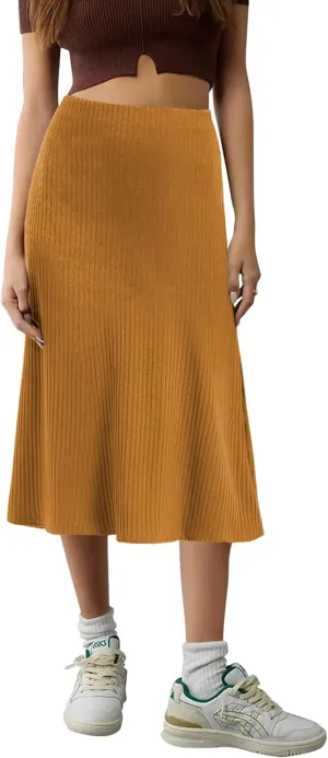 Urban CoCo Women's Elastic High Waist A-Line Flared Solid Ribbed Knit Midi Skirt