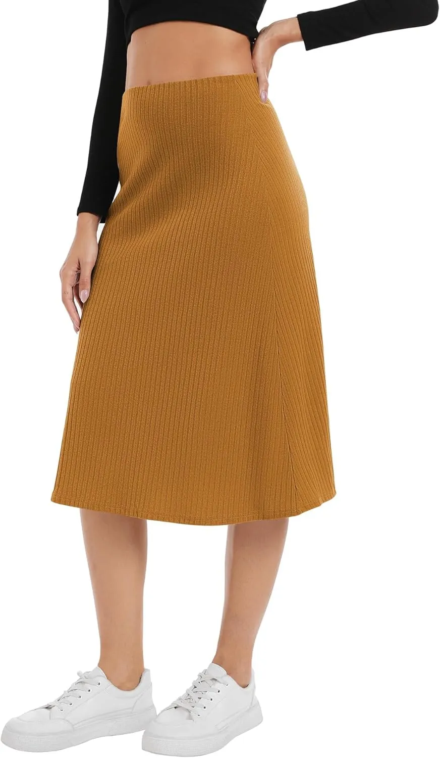 Urban CoCo Women's Elastic High Waist A-Line Flared Solid Ribbed Knit Midi Skirt