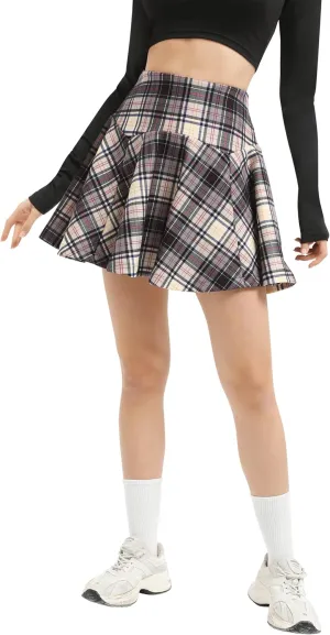 Urban CoCo Women's Vintage Elastic Waist Plaid Flared Mini Skater Skirt