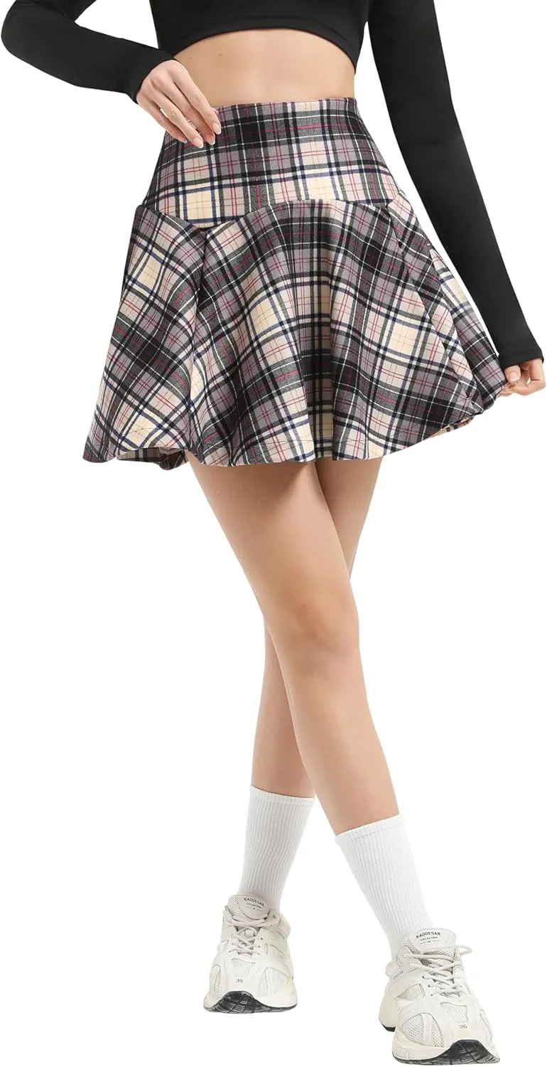 Urban CoCo Women's Vintage Elastic Waist Plaid Flared Mini Skater Skirt