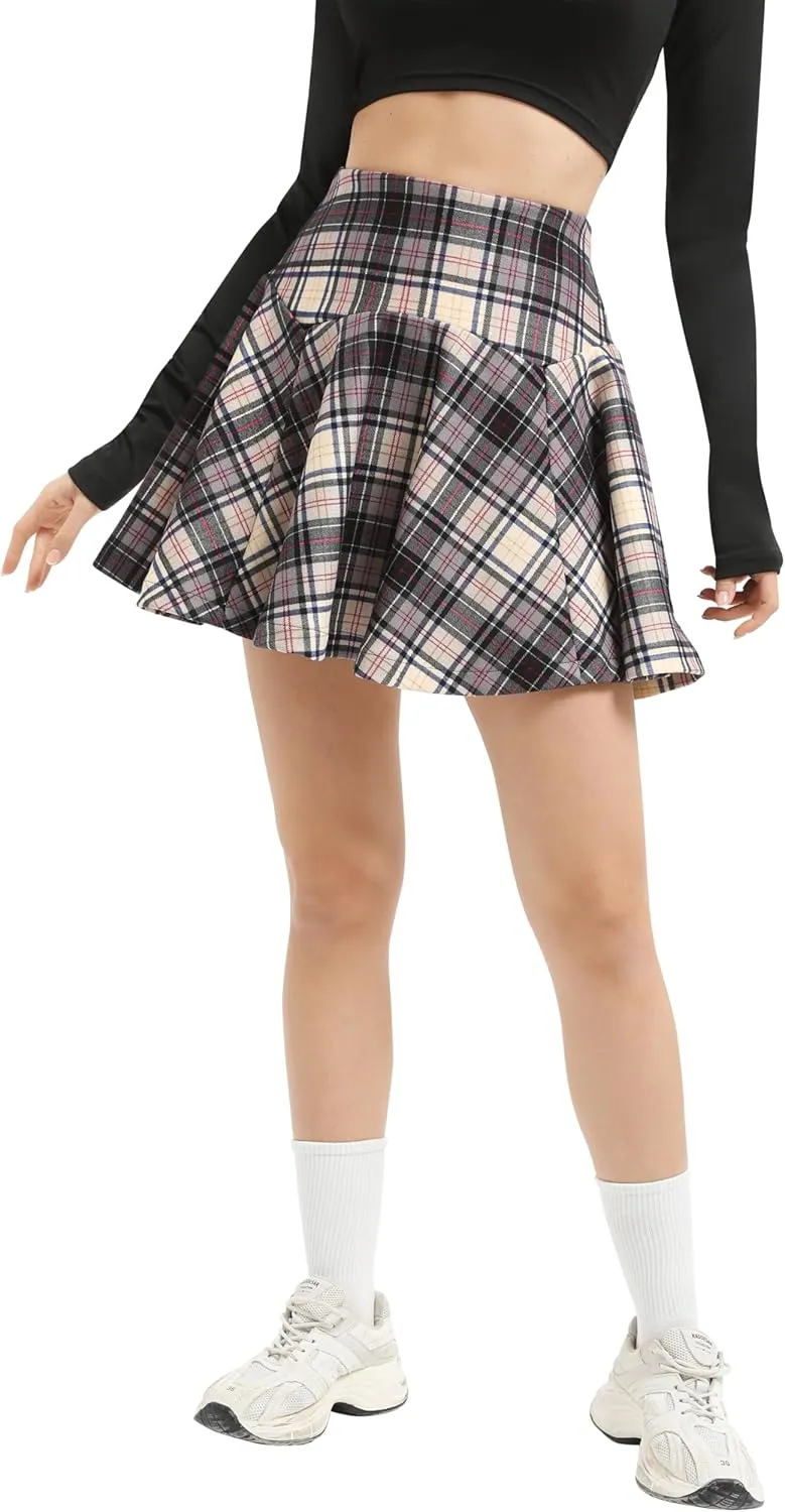 Urban CoCo Women's Vintage Elastic Waist Plaid Flared Mini Skater Skirt
