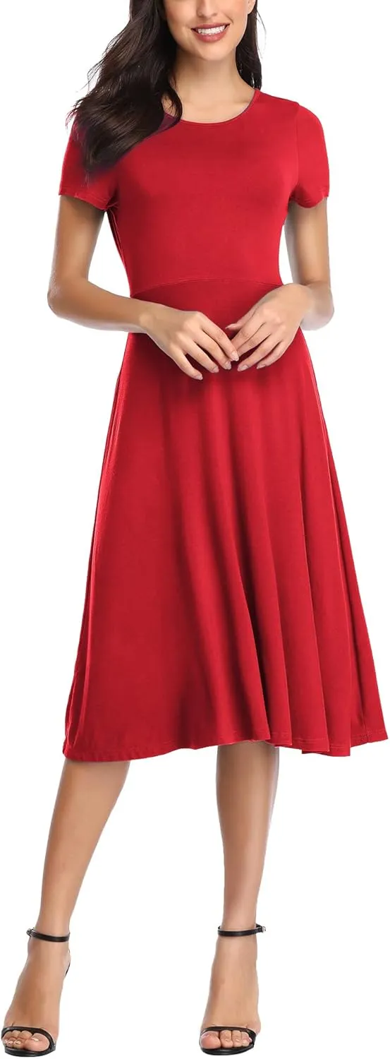 Urban CoCo Women's Vintage Short Sleeve High Waist Flared Midi Casual Summer Dress
