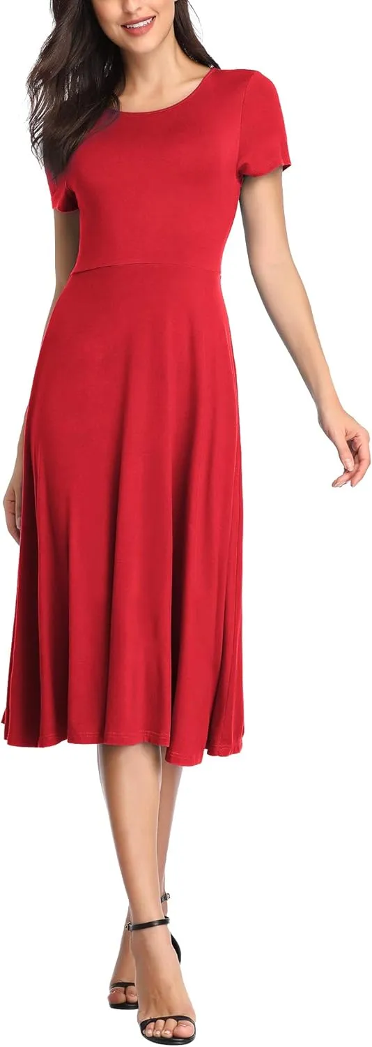 Urban CoCo Women's Vintage Short Sleeve High Waist Flared Midi Casual Summer Dress