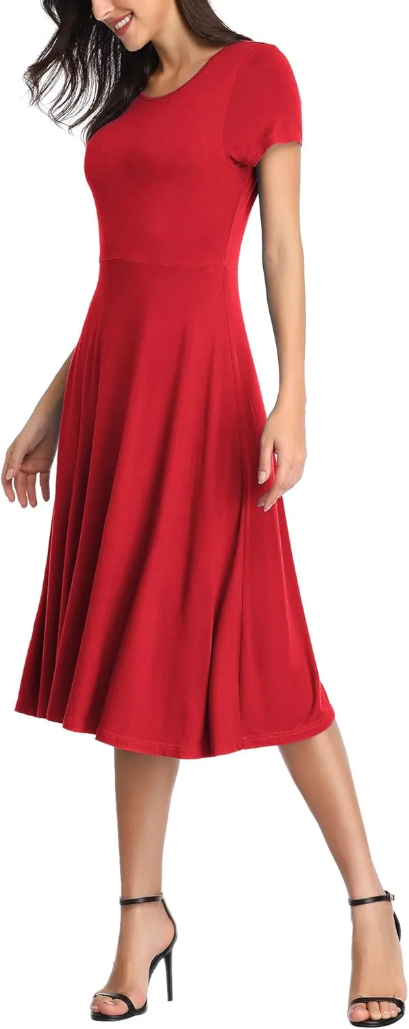 Urban CoCo Women's Vintage Short Sleeve High Waist Flared Midi Casual Summer Dress