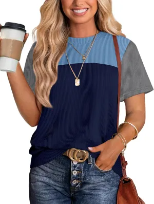 WIHOLL Womens Fashion 2025 Color Block Shirts Short Sleeve Crewneck Knitted Spring Summer Tops Casual Trendy