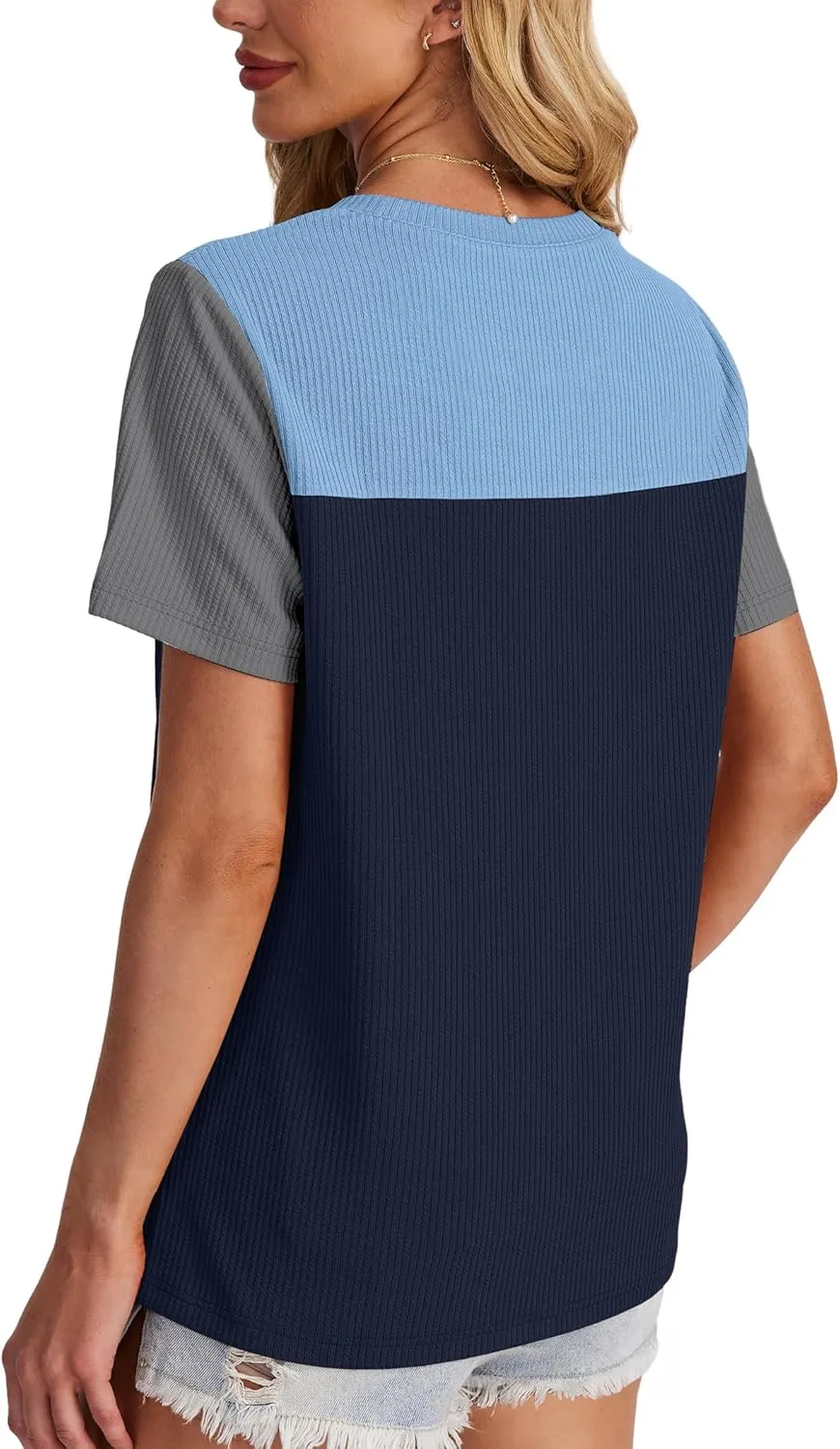 WIHOLL Womens Fashion 2025 Color Block Shirts Short Sleeve Crewneck Knitted Spring Summer Tops Casual Trendy