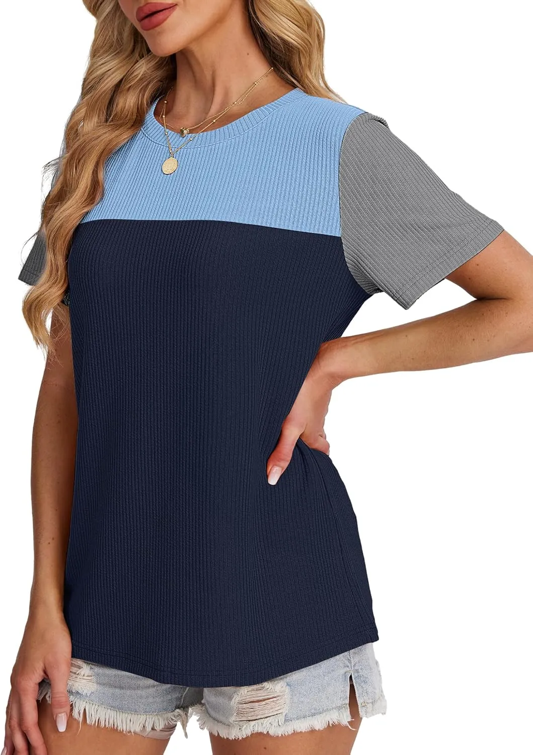 WIHOLL Womens Fashion 2025 Color Block Shirts Short Sleeve Crewneck Knitted Spring Summer Tops Casual Trendy