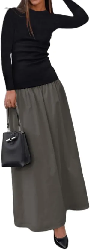 YOXUA Women's Long Sleeve Patchwork A-Line Long Maxi Dress Fall Winter Beach Maxi Dress