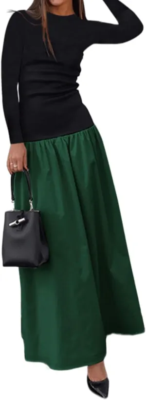 YOXUA Women's Long Sleeve Patchwork A-Line Long Maxi Dress Fall Winter Beach Maxi Dress
