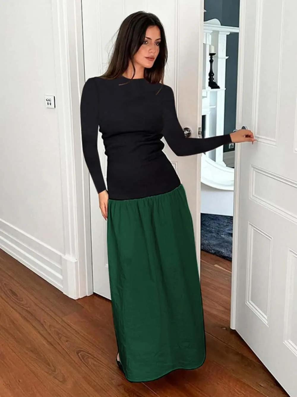 YOXUA Women's Long Sleeve Patchwork A-Line Long Maxi Dress Fall Winter Beach Maxi Dress