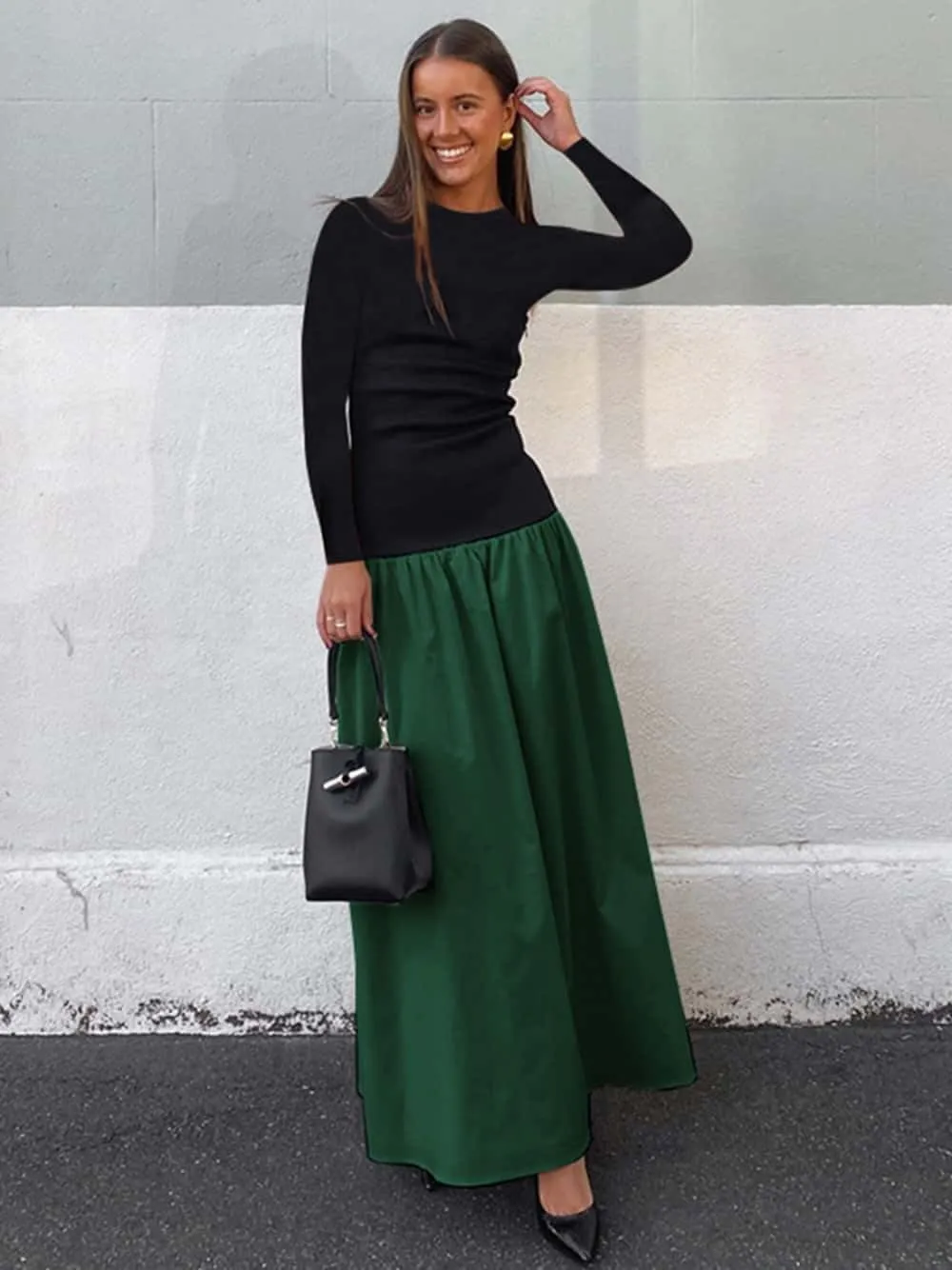 YOXUA Women's Long Sleeve Patchwork A-Line Long Maxi Dress Fall Winter Beach Maxi Dress