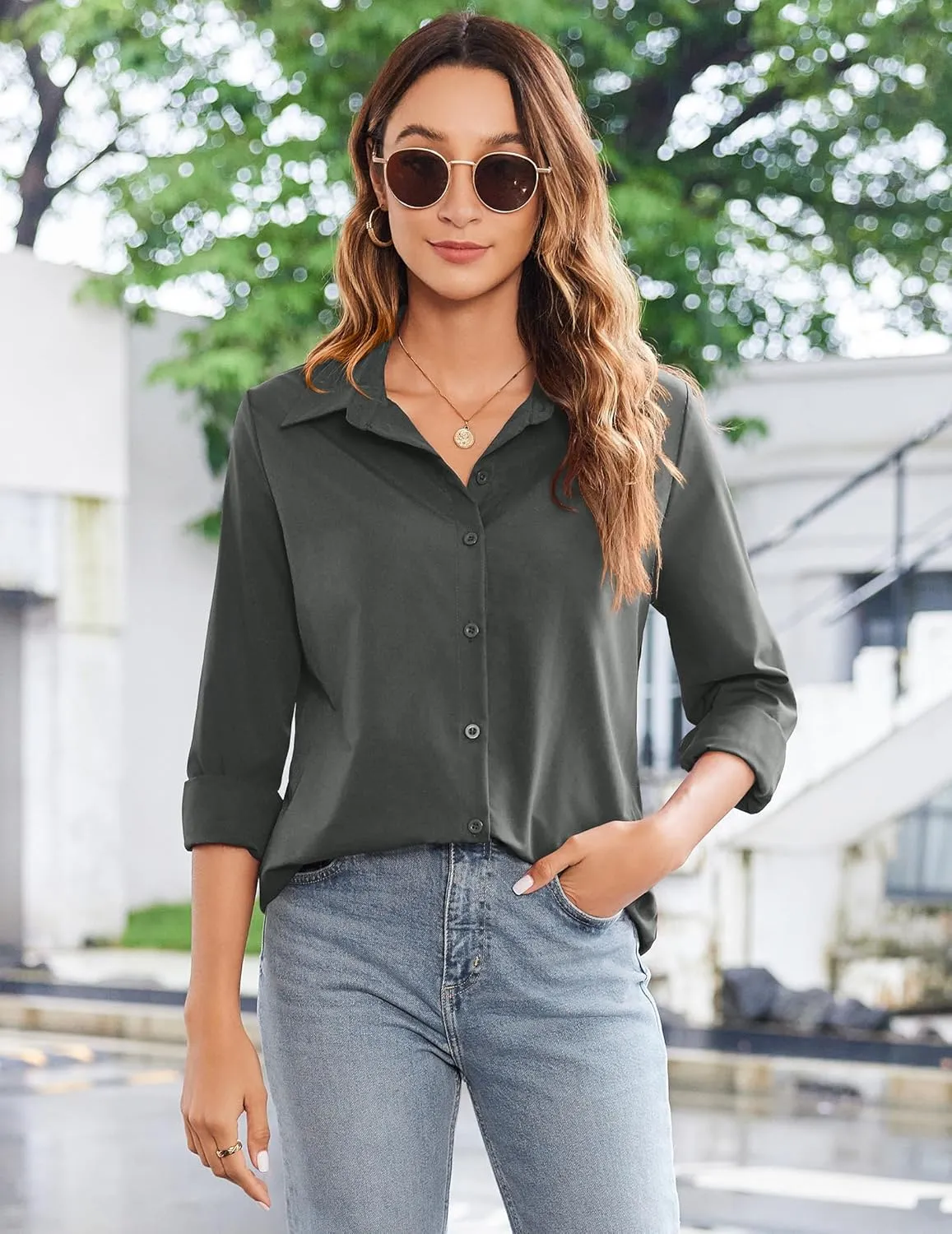 Zeagoo Womens Button Down Shirt Long Sleeve Classic-Fit Dress Shirts Solid Work Office Blouse